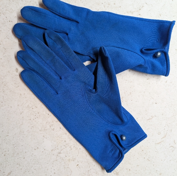 Accessories - Vintage Women's Blue Formal Or Costume Gloves With Delicate Button At The Wrist